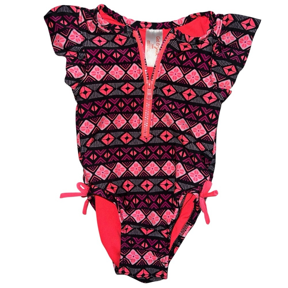 Cat & Jack Neon Pink and Black Geometric Patterned Swimsuit